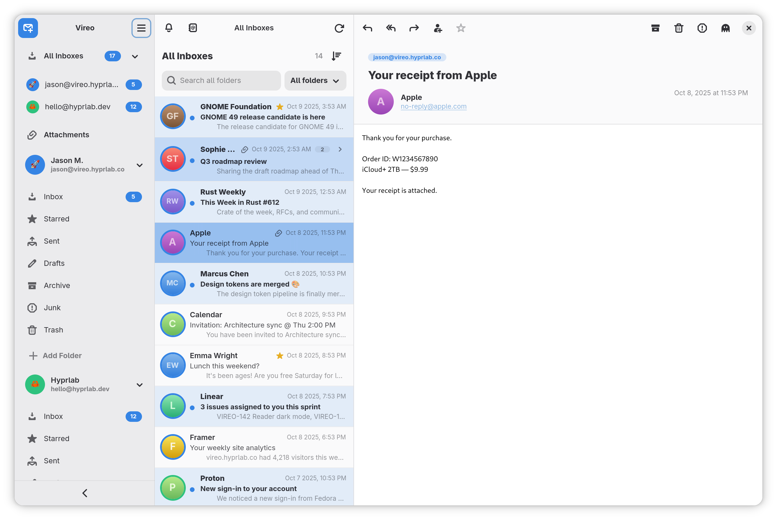 Vireo showing a unified inbox in a calm three-pane layout with the light theme